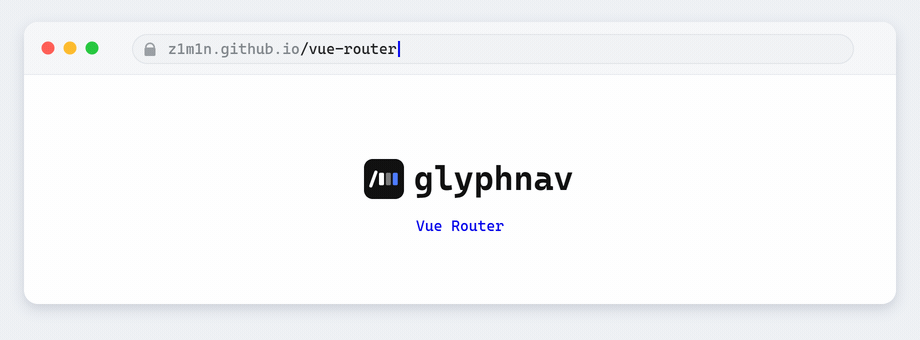 The address bar scrambling random glyphs and resolving into each route as glyphnav navigates between Vue Router, React Router, TanStack Router and Angular Router